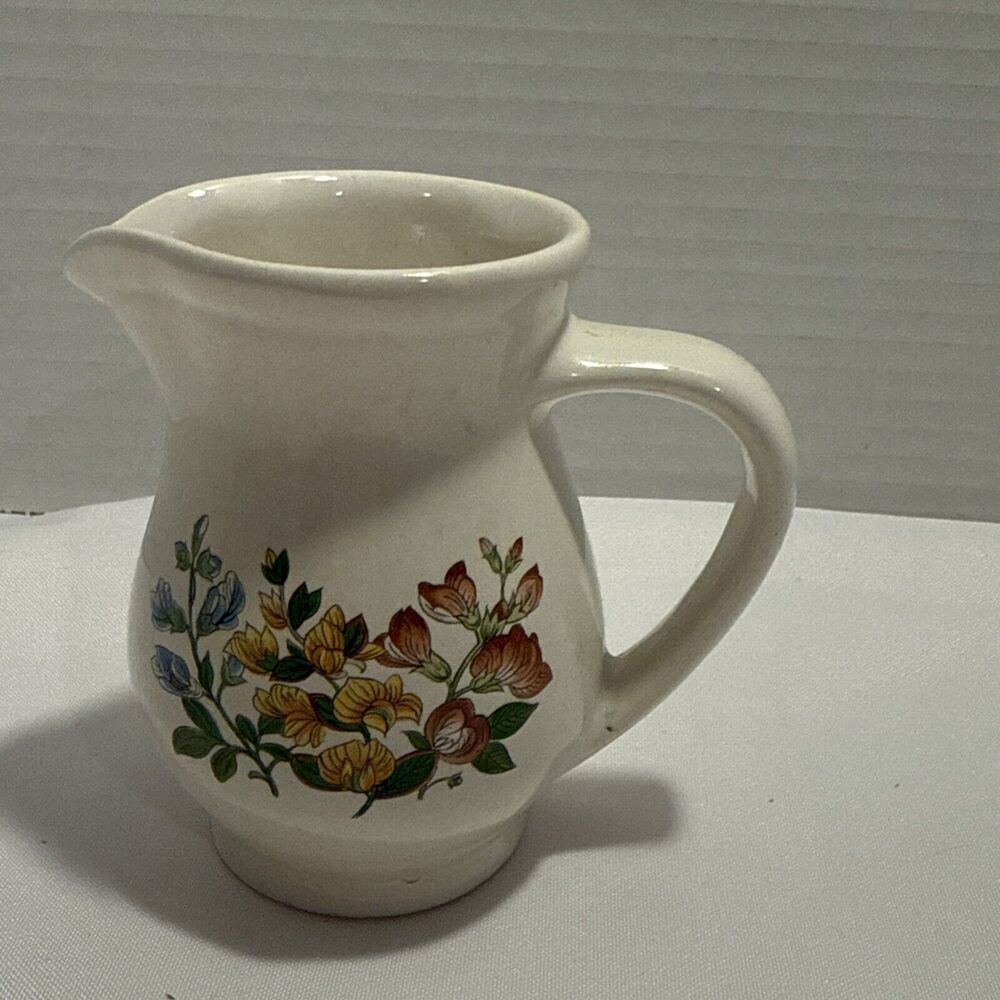 Vintage Hyalyn Art Pottery Milk Creamer Pitcher with Handle Floral Design USA
